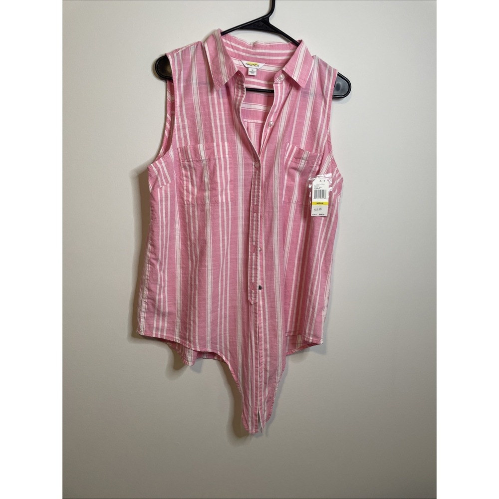 Nautica Pink White Striped Sleeveless Button Shirt Coastal Prep Medium - NWT